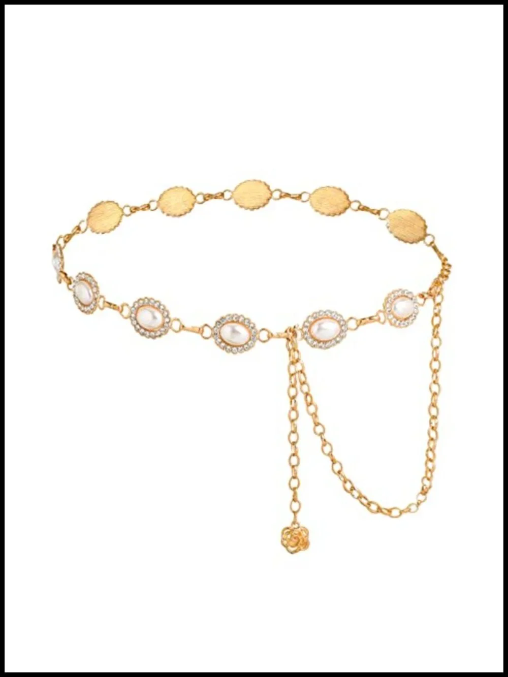 Metal Waist Chain Belt with Pearls and Rhinestone Adjustable 46 Inch